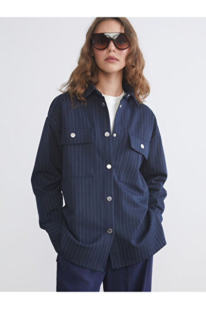 LC Waikiki Navy Blue Striped Oversize Women's Shirt Tunic