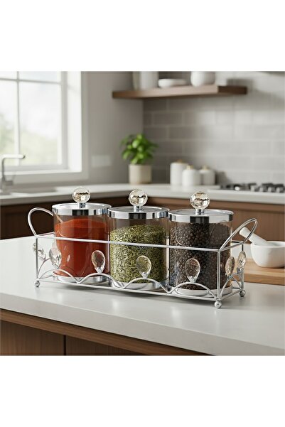 Hinora Kristal Damla Taş Model Standlı 3Lü Cam Baharatlık Seti 40x16x14cm