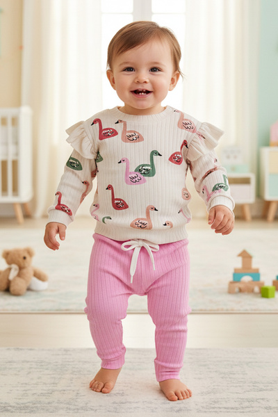 Lindakids Fitilli Kumaş % 100 Pamuk Kuğu Desenli Omuzu Fırfırlı- Omuzdan Çıtç...