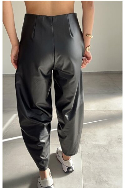 Mars Siyah Beli Lastikli Deri Havuç Pantolon