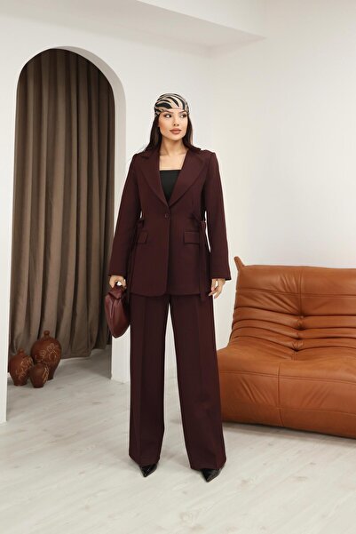 Hazel Women's Burgundy Side Belted Blazer Jacket Pants Set