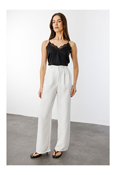 LC Waikiki Beyaz Kadın Pileli Kumaş yüksek bel Palazzo Pantolon PANTOLON-002