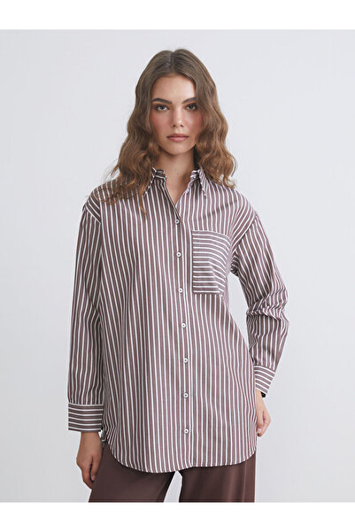 LC Waikiki Brown Striped Poplin Women's Shirt Tunic