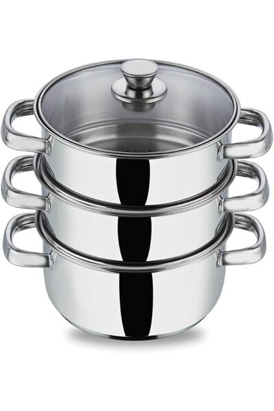 Generic قدر بخاري من الفولاذ المقاوم للصدأ بثلاث طبقات مع غطاء زجاجي - 20 سم ...