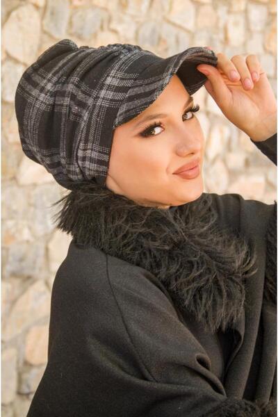 Aişe tesettür Smoked Black Plaid Pattern Hijab Hat
