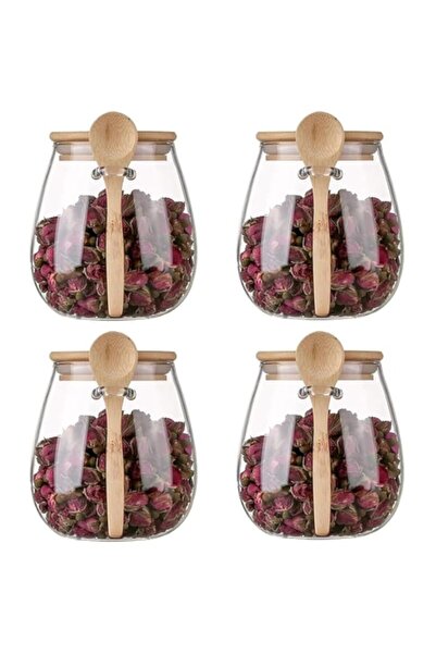 Generic KUAIJI 4- pack 600 ml (20i29 oz) Glass Stripe Jar Glass with Wooden Spoons Lids Coffee Sugar Contain