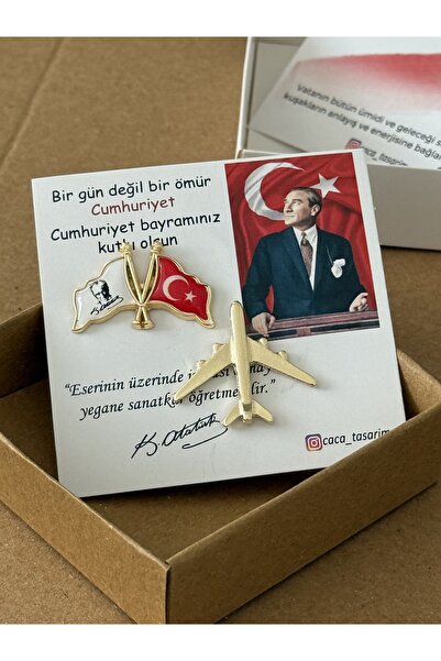 cacatasarım Türk Bayraklı Atatürk Rozeti ve Uçak Rozeti 2’li Set Gold 29 Ekim...