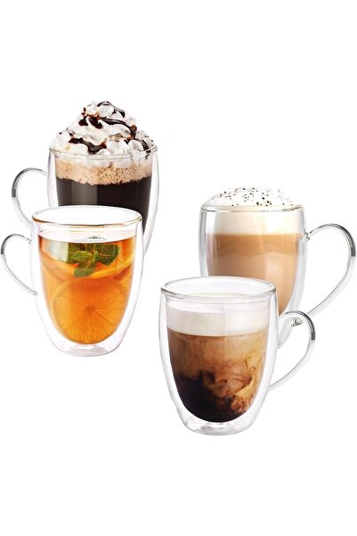 Generic مجموعة من 4 أكواب قهوة زجاجية مزدوجة الجدار، سعة 12 أونصة، أكواب زجاج...