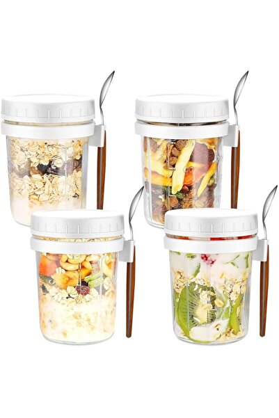 Generic UCHUANG 4 Pack Overnight Oats Containers with Lid and Spoon, 350ml Clear Glass Mason Jars for Overni