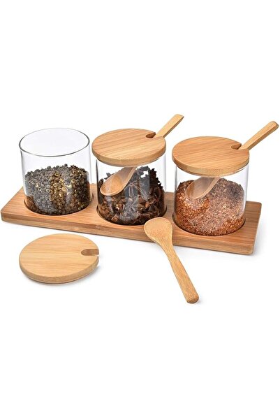 Generic 1CHASE 3 Pcs Spice Condiment Container Canister Pots with Wooden Base, Spoon and Lid For Sugar,Salt,