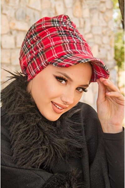 Aişe tesettür Red Plaid Pattern Hijab Hat