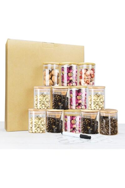 Generic VAODO 12 Pcs Glass Spice Jars, Storage Jars with Bamboo Airtight Lids, with Labels and Pens, for Kit