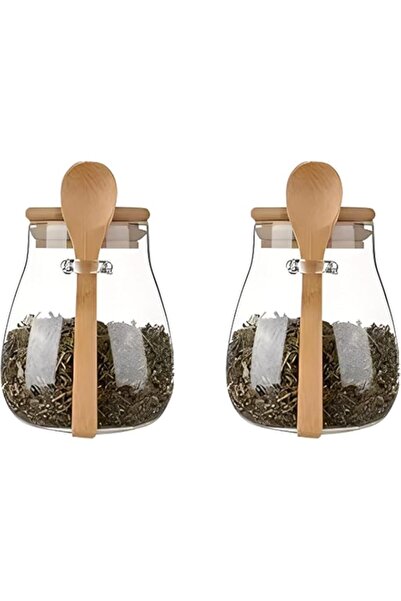 Generic i Set of 2 Airtight Glass Storage Containers with Bamboo Lids and Spoons, Wide Mouth, Leak-Proof Can