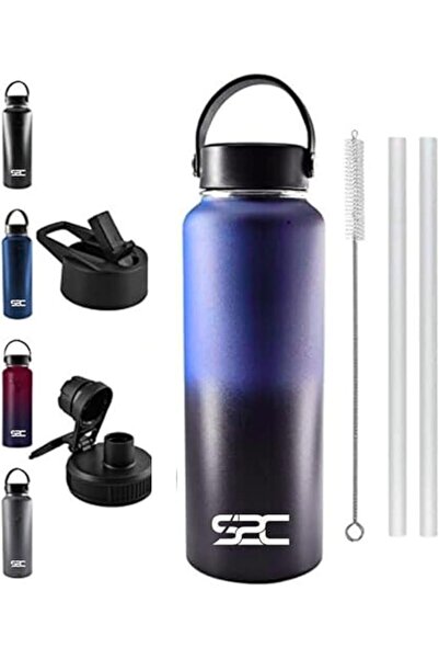 Generic زجاجة مياه معزولة سعة 1200 مل مع 3 أغطية، جدار مزدوج، مانعة للتسرب، زجاجة من الفولاذ المقاوم للصدأ مع ماصة