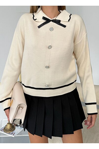 QARA Buttoned Bow Knitwear Sweater