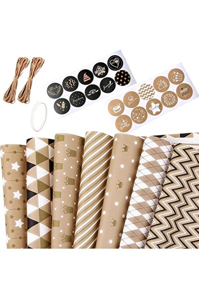 Generic Gift Wrapping Paper sheets Set Included 7 Pack Gift Kraft Wrap Paper with Hemp String Sticker and Ta