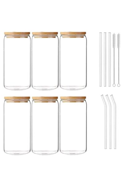 genric 500ml Cocktail Glasses with Lid,Straw,Glass Storage Jar-Pack of 6 Reusable Drinking Glasses for Iced