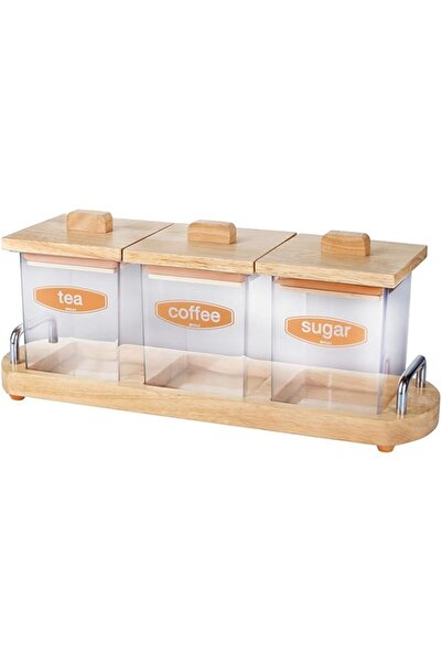 genric طقم علب قهوة وشاي وسكر من بيلي مع غطاء خشبي وحامل، بني، WP-147/3