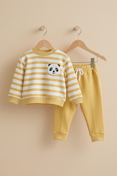 Lindakids Sevimli Panda Kabartmalı Suprem Penye % 100 Pamuk Erkek Bebek Takımı 12-18-24 Ay
