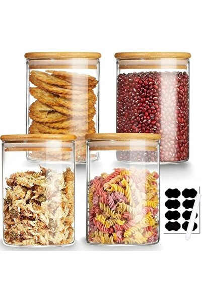 Generic 4 pcs 750 ml (27oz) Round Glass Storage Jar with Bamboo Lids Airtight, Stackable Glass Canisters &