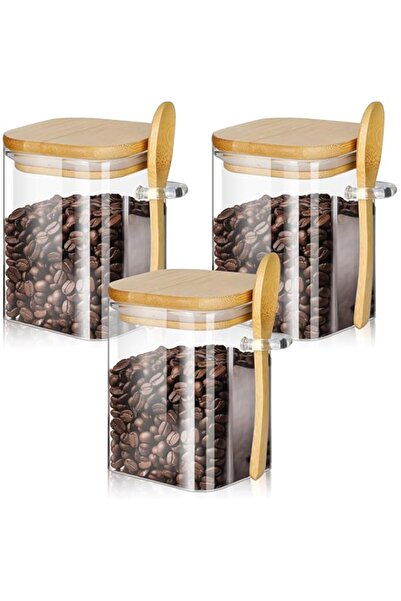 genric Moonmen Set of 3 Pcs Glass Storage Jar with Bamboo Lids and bamboo Spoon, Airtight Food Jars Kitchen