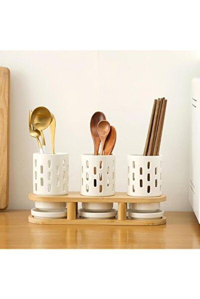 genric GUYANA Flatware Organizer, Set of 3 Ceramic Silverware Caddy with Bamb...