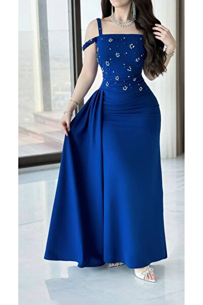 Generic فستان سهرة ازرق داكن مزين بالكريستال