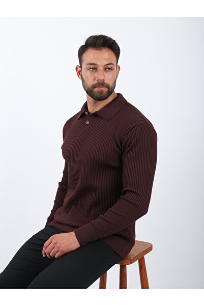 VALERO Men's Standard Fit Regular Cut Textured Buttoned Polo Neck Burgundy Knitwear Sweater