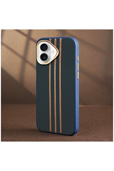 Zebana Apple iPhone 16 Uyumlu Kılıf Goldrix Karbon Fiber M-Safe Kılıf Lacivert