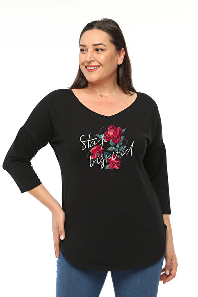 Curvy Trend Plus Size Stay Inspired Printed Wide V-Neck Half Sleeve Oval Slit Blouse