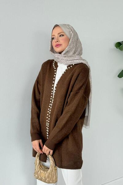 Hazamoda Cardigan cu detalii perlate, maro