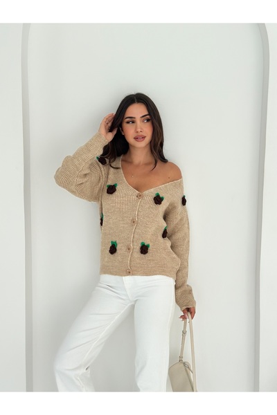 02Lady Fashion Soft Textured Rose Pattern Buttoned Knitwear Cardigan