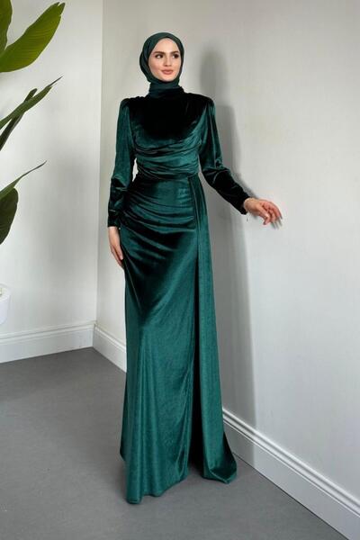 MERVEN AKYÜZ Samy Kadife Kumaş Balık Elbise Zümrüt