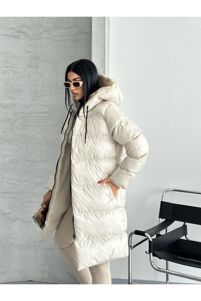 Fashionbox dámsky gélový vatovaný dlhý kabát s kapucňou na zips 25101