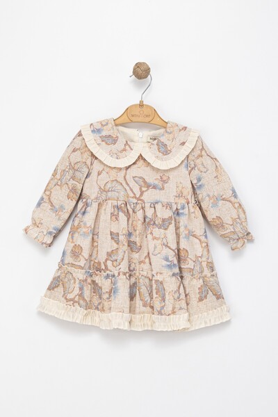 ETİC MODA Girls' Long Sleeve Floral Print Ruffle Collar Dress – Cream