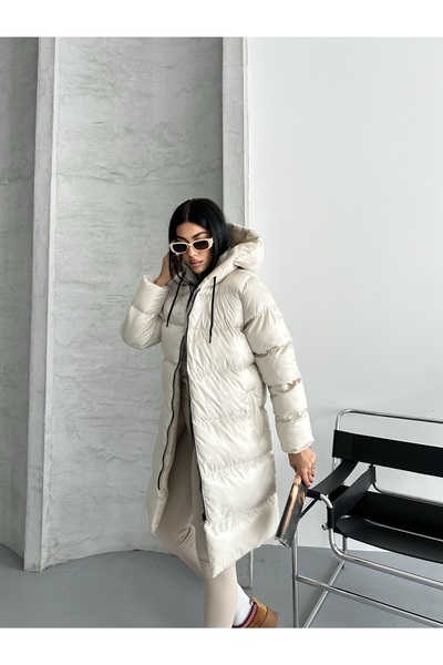 Fashionbox dámská gelová vycpávka, dlouhý péřový kabát s kapucí a zipem 25101