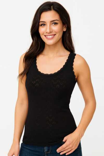 GÜMÜŞ Women's Jacquard Tank Top Wide Straps Black 100% Cotton