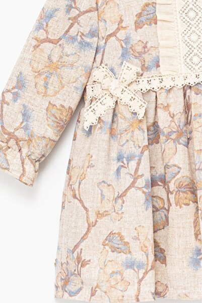 ETİC MODA Girl's Long Sleeve Lace Detailed Floral Pattern Dress – Cream