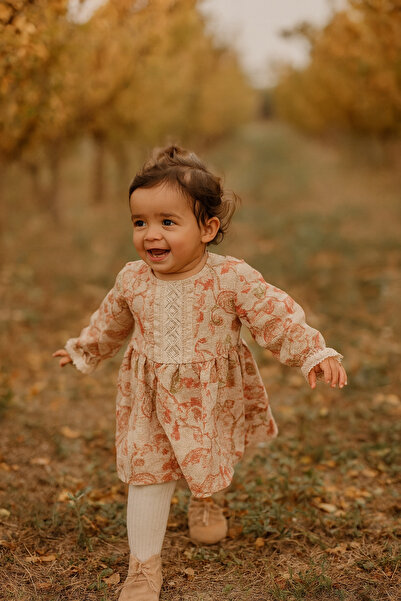 ETİC MODA Girl's Long Sleeve Lace Detailed Floral Pattern Dress – Cream