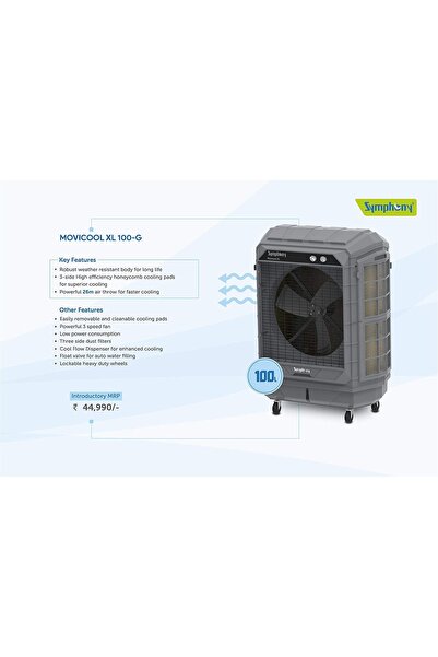 Symphony Movicool XL100 Commercial Cooler - 3-Speed Evaporative 100Litre - Powerful 26m Air Throw -