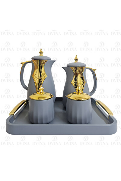 DVINA طقم 5 قطع ترامس للشاي والقهوة مع صينية تقديم وعلبة سكرية وعلبة تمرية رمادي