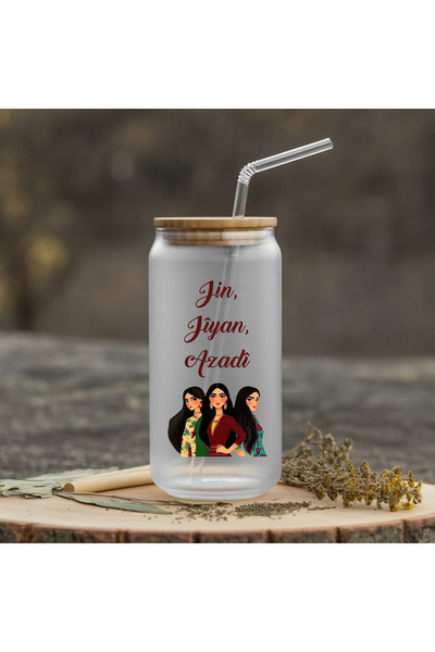 ZERYA Jin Jiyan Azadi Designed Water Milk Juice Glass Water Bottle with Straw - Jin Jiyan Azadi Water Bottle (600 ml)