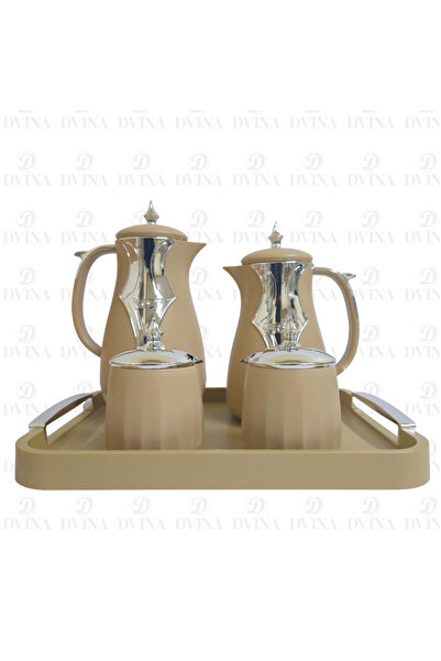 DVINA طقم 5 قطع ترامس للشاي والقهوة مع صينية تقديم وعلبة سكرية وعلبة تمرية بني