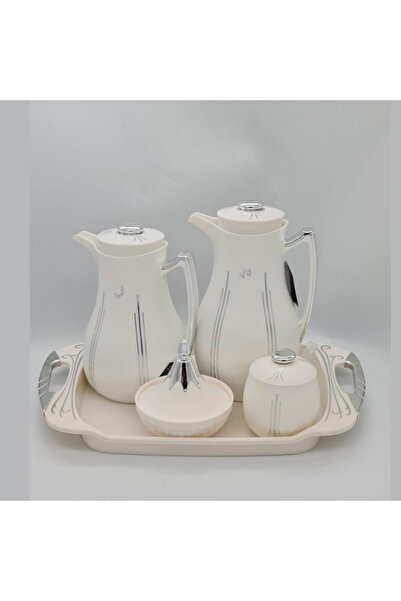 DVINA طقم 5 قطع ترامس للشاي والقهوة مع صينية تقديم وعلبة سكرية وعلبة تمرية أبيض/فضي