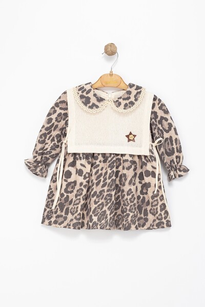 ETİC MODA Girl's Long Sleeve Leopard Print Lace Collar Dress – Brown Beige