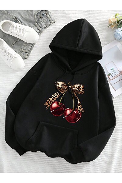 Deocept Women's Black Leopard Cherry Printed Sweatshirt