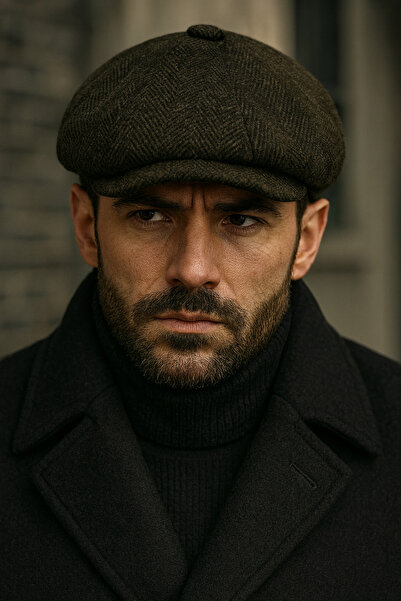 MEKİK BUTİK Davit Beckham Model Herringbone Patterned Khaki Cap Hat - English Cap Hat