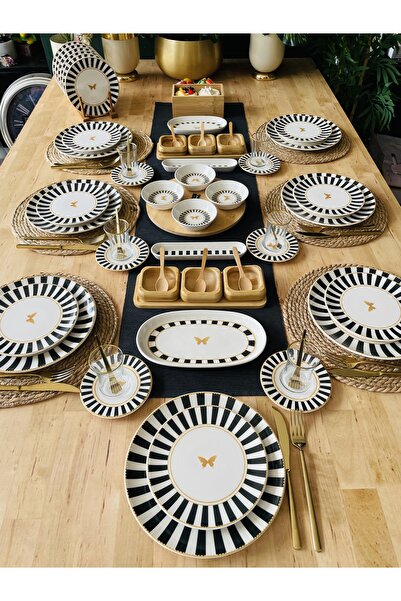 CASA DE BELLA Siyah Çizgili 104 Parça 12 Kişilik Kahvaltı Takımı