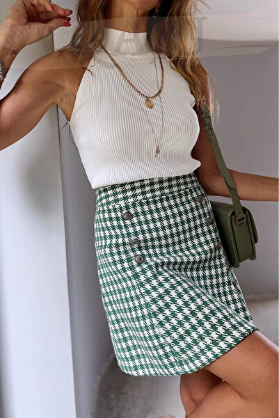 Qaju Women's Houndstooth Patterned Green Ecru Stylish Mini Skirt