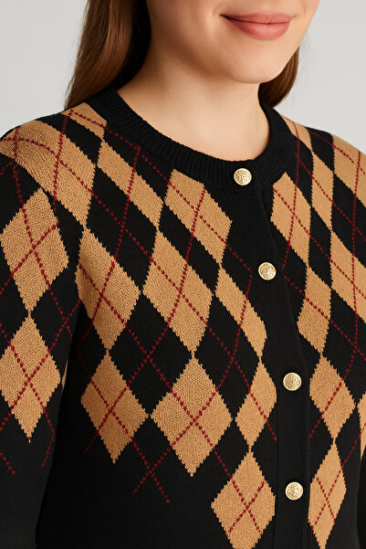 Alos Women's Black Argyle Pattern Knitwear Cardigan and Pants Standard Size Comfortable Two-Piece Set